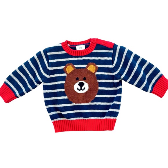 Hannah Andersson: Navy Blue Stripped/Red, Bear Knit Sweater. - Picture 1 of 5